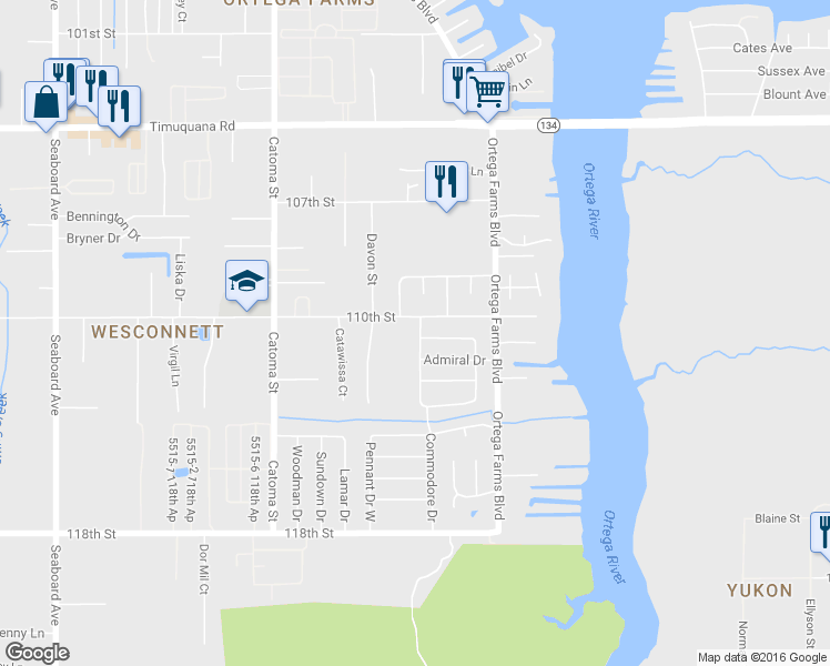 map of restaurants, bars, coffee shops, grocery stores, and more near 6034 Commodore Drive in Jacksonville