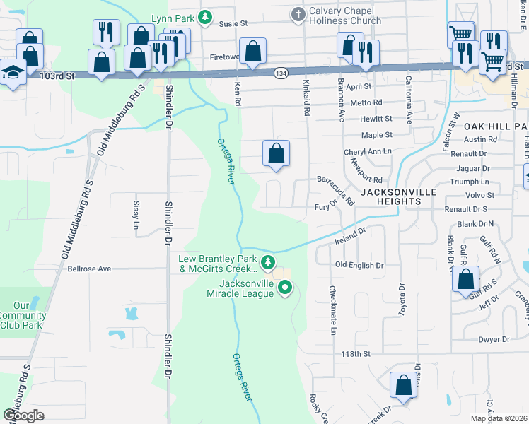 map of restaurants, bars, coffee shops, grocery stores, and more near 8472 Fury Drive in Jacksonville