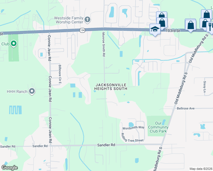 map of restaurants, bars, coffee shops, grocery stores, and more near 9632 Parman Road in Jacksonville