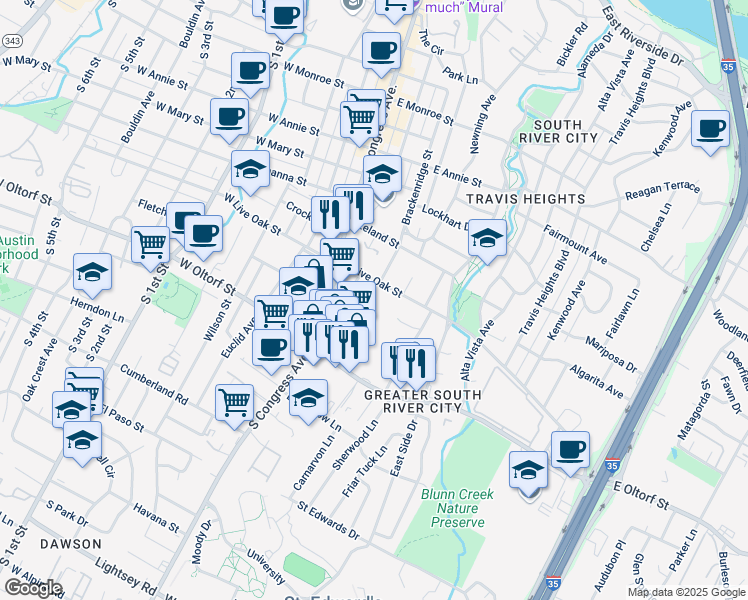 map of restaurants, bars, coffee shops, grocery stores, and more near 2215 Post Road in Austin