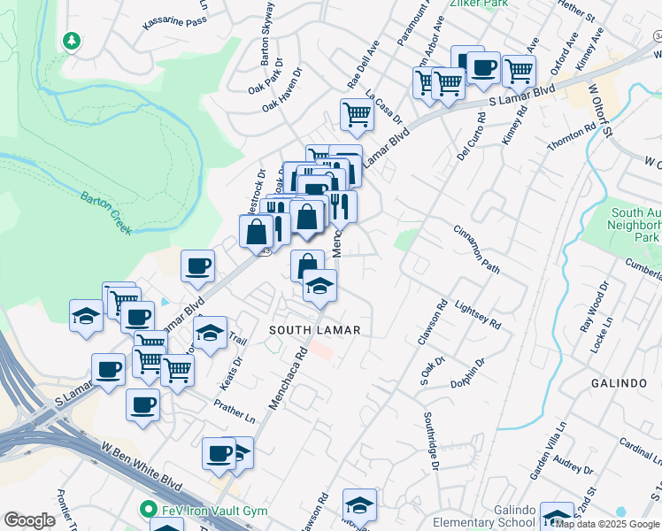 map of restaurants, bars, coffee shops, grocery stores, and more near 1916 Edgeware Drive in Austin