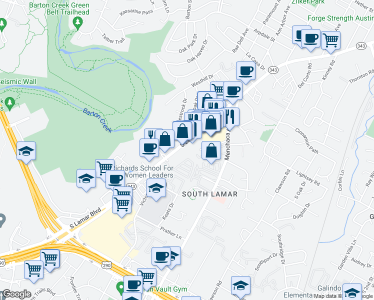 map of restaurants, bars, coffee shops, grocery stores, and more near 3204 Menchaca Road in Austin