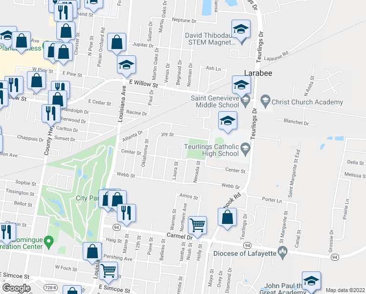 map of restaurants, bars, coffee shops, grocery stores, and more near 107 Kansas Street in Lafayette