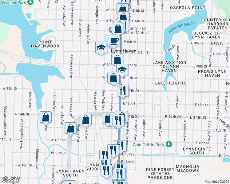 map of restaurants, bars, coffee shops, grocery stores, and more near 109 West 12th Street in Lynn Haven