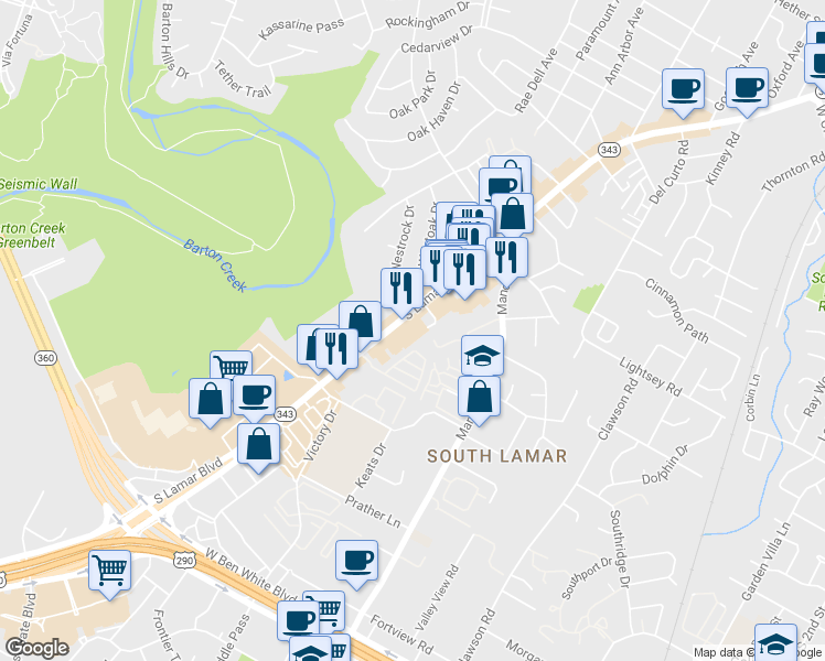 map of restaurants, bars, coffee shops, grocery stores, and more near 3415 S Lamar Blvd in Austin