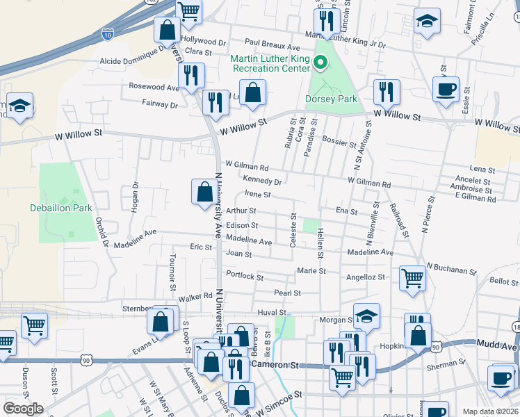 map of restaurants, bars, coffee shops, grocery stores, and more near 711 Arthur Street in Lafayette