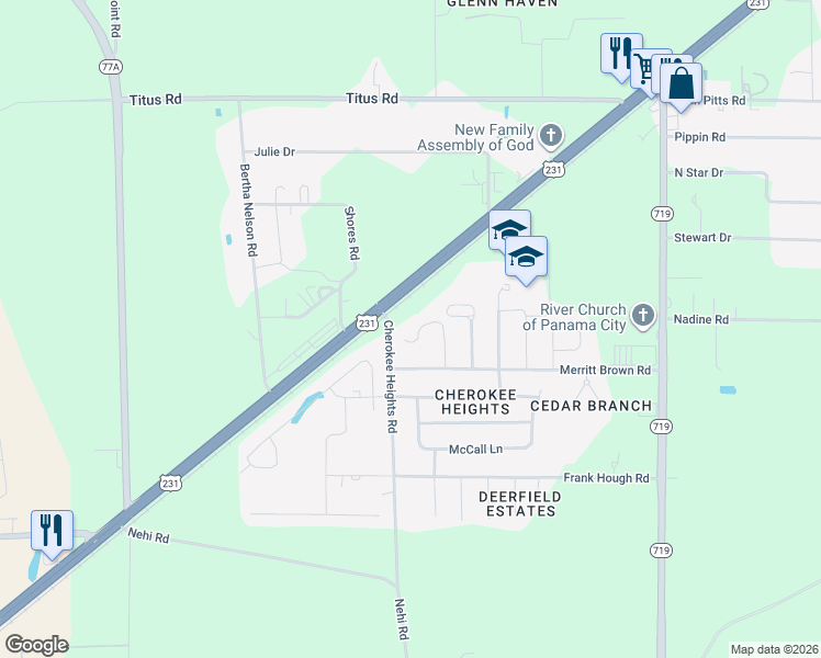 map of restaurants, bars, coffee shops, grocery stores, and more near 5026 Pretty Way in Panama City