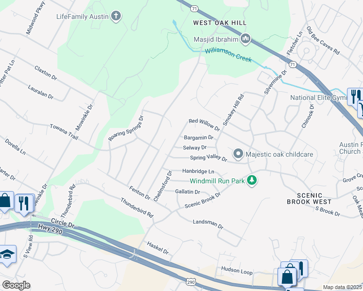 map of restaurants, bars, coffee shops, grocery stores, and more near 8512 Selway Drive in Austin