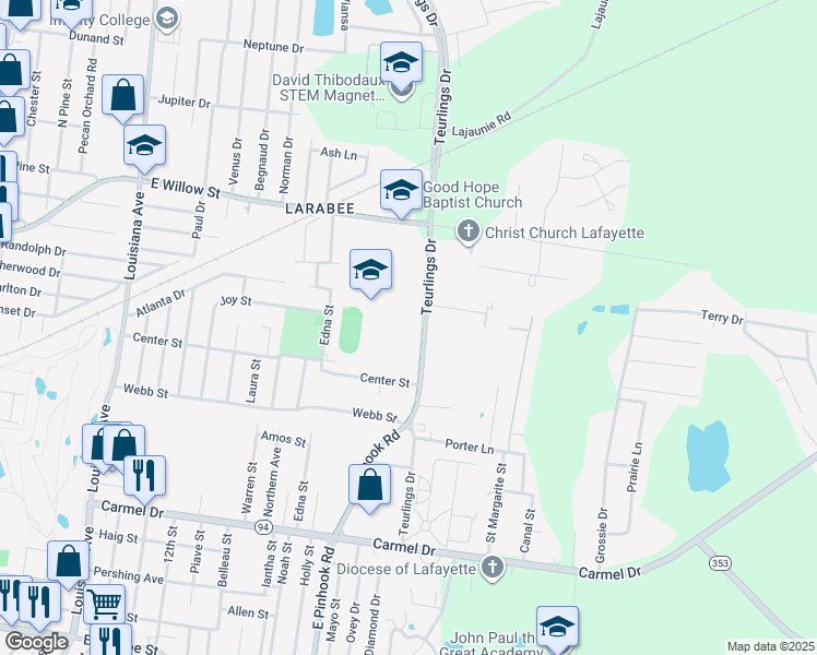 map of restaurants, bars, coffee shops, grocery stores, and more near 139 Teurlings Drive in Lafayette