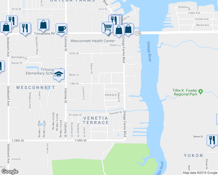 map of restaurants, bars, coffee shops, grocery stores, and more near 5143 Banshee Avenue in Jacksonville
