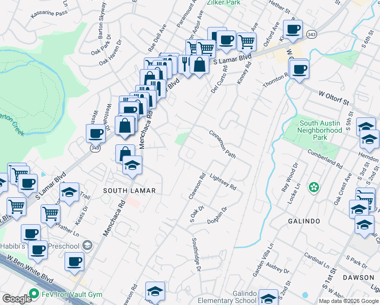 map of restaurants, bars, coffee shops, grocery stores, and more near 3001 Del Curto Road in Austin