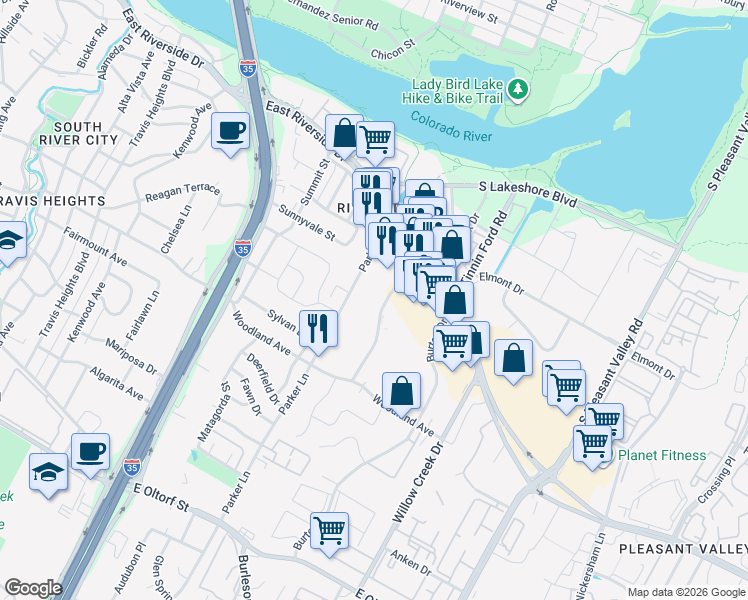 map of restaurants, bars, coffee shops, grocery stores, and more near 1600 Royal Crest Drive in Austin
