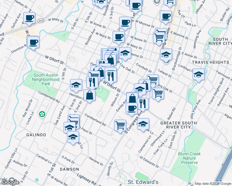 map of restaurants, bars, coffee shops, grocery stores, and more near 2404 Wilson Street in Austin