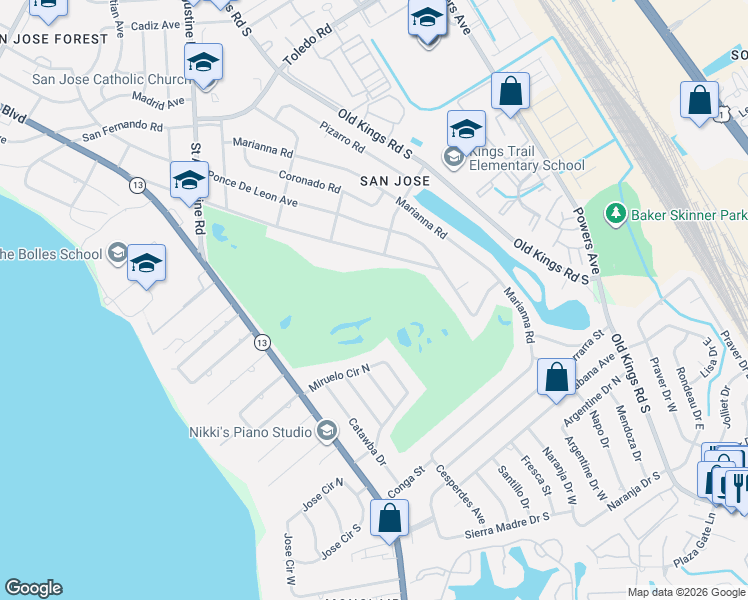 map of restaurants, bars, coffee shops, grocery stores, and more near 7529 San Jose Boulevard in Jacksonville