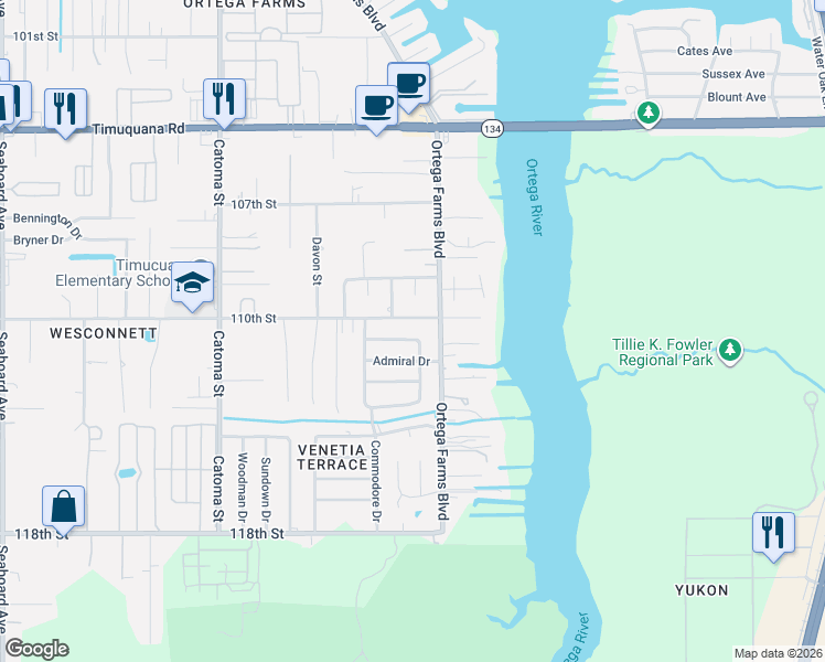 map of restaurants, bars, coffee shops, grocery stores, and more near 6034 Ortega Farms Boulevard in Jacksonville