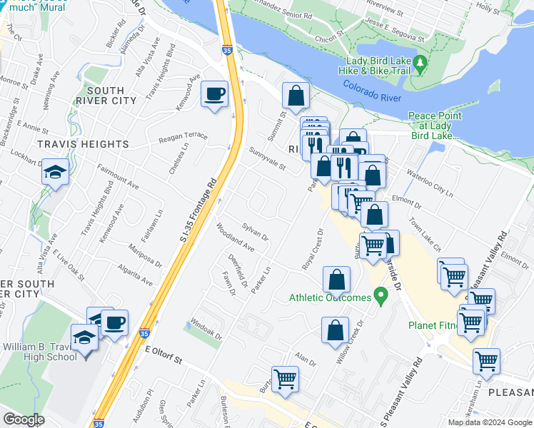 map of restaurants, bars, coffee shops, grocery stores, and more near 1703 Sylvan Drive in Austin