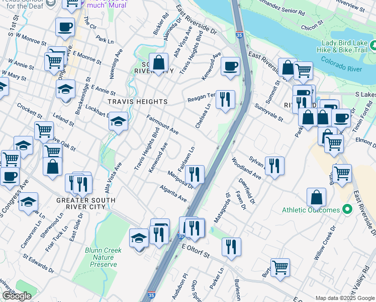 map of restaurants, bars, coffee shops, grocery stores, and more near 1903 Fairlawn Lane in Austin