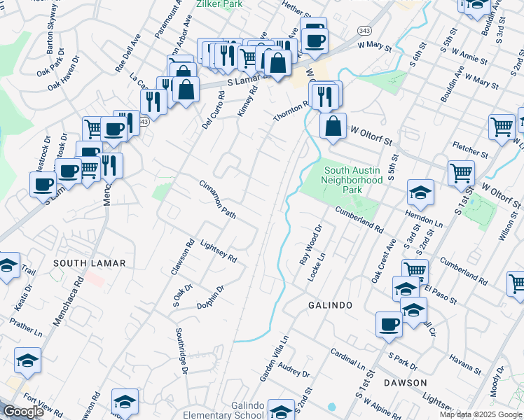 map of restaurants, bars, coffee shops, grocery stores, and more near 1404A Cinnamon Path in Austin