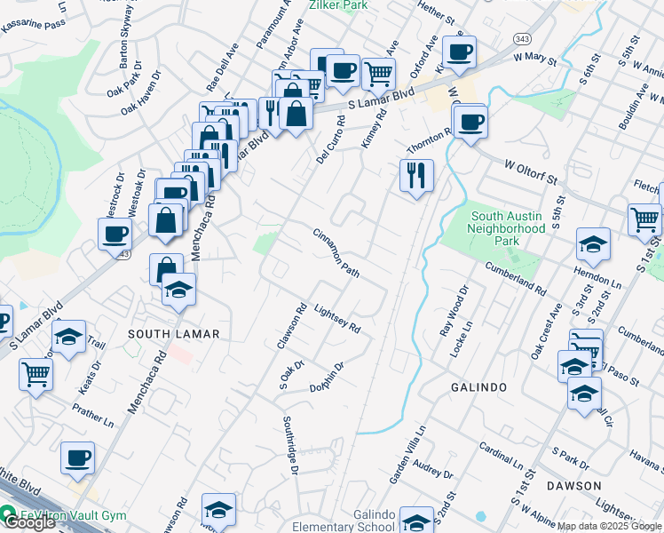 map of restaurants, bars, coffee shops, grocery stores, and more near 1612 Clawson Road in Austin