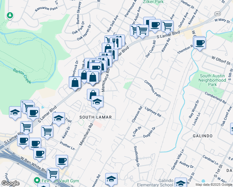 map of restaurants, bars, coffee shops, grocery stores, and more near 3107 Glen Ora Street in Austin