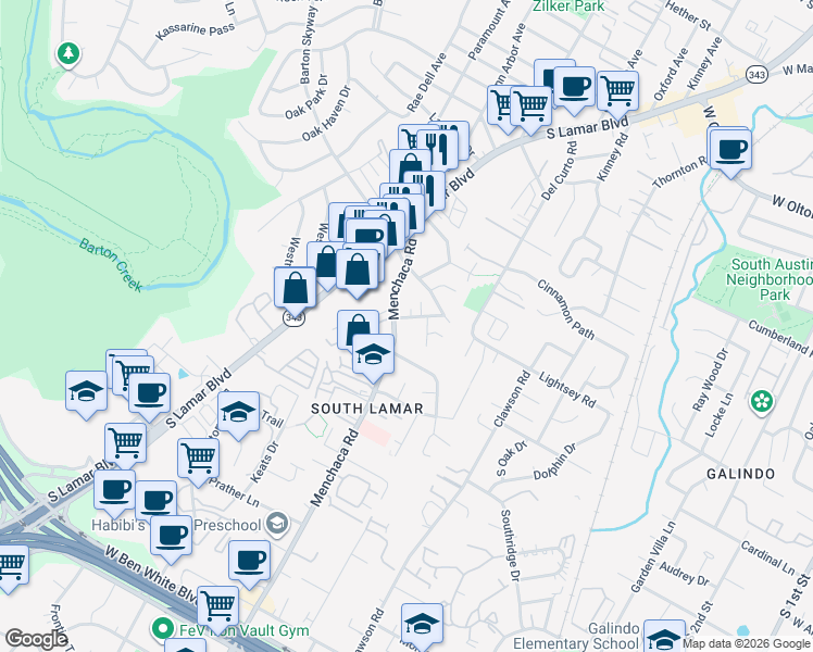 map of restaurants, bars, coffee shops, grocery stores, and more near 1916 Edgeware Drive in Austin