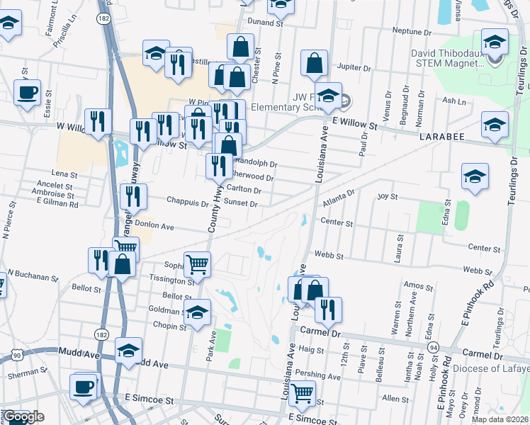 map of restaurants, bars, coffee shops, grocery stores, and more near 199 Narcisse Street in Lafayette
