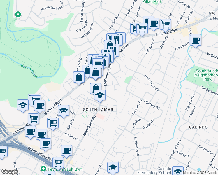 map of restaurants, bars, coffee shops, grocery stores, and more near 1916 Edgeware Drive in Austin