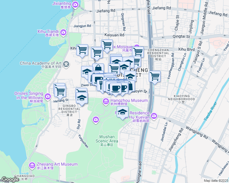 map of restaurants, bars, coffee shops, grocery stores, and more near Gao Yin Jie in Hang Zhou Shi