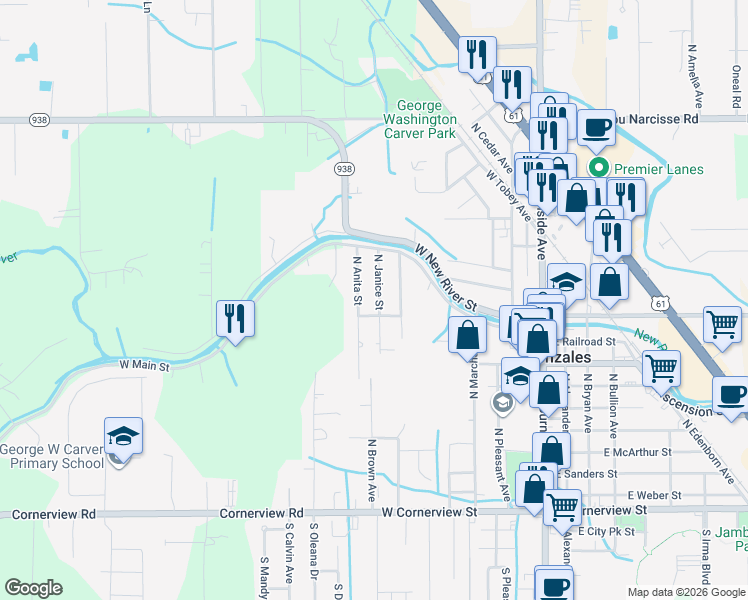 map of restaurants, bars, coffee shops, grocery stores, and more near 1021 North Janice Avenue in Gonzales