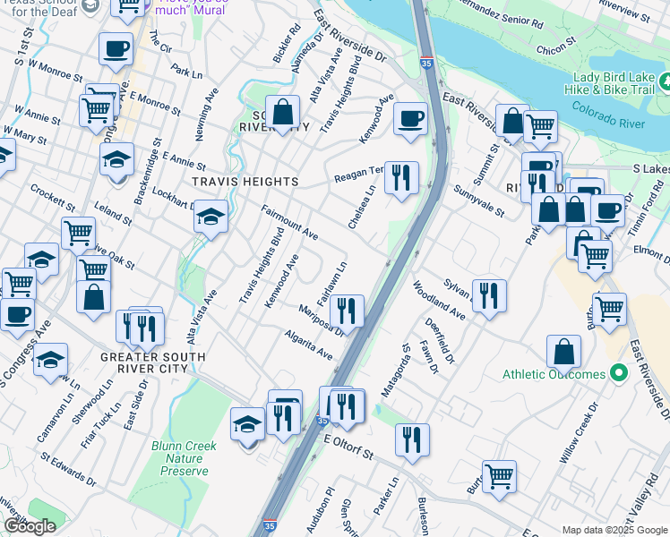 map of restaurants, bars, coffee shops, grocery stores, and more near 1903 Fairlawn Lane in Austin