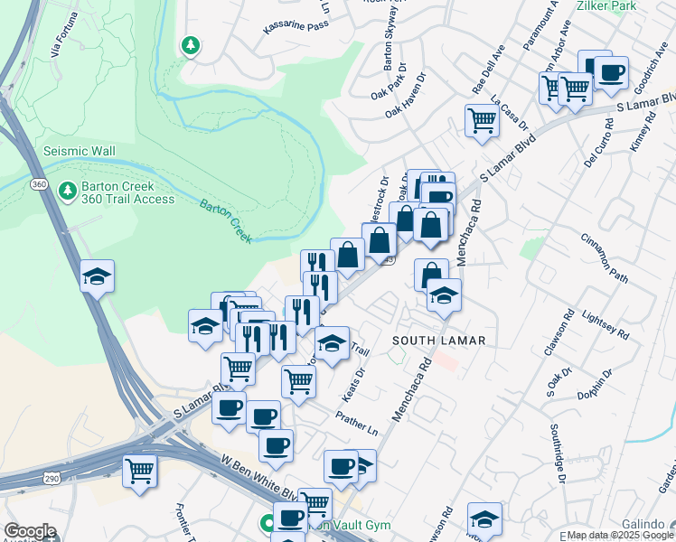 map of restaurants, bars, coffee shops, grocery stores, and more near 3500 South Lamar Boulevard in Austin