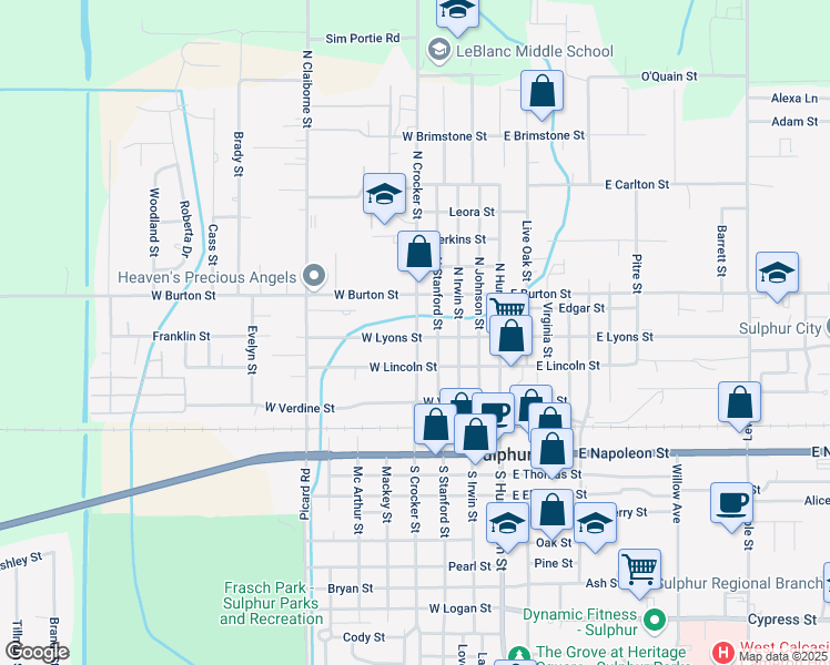map of restaurants, bars, coffee shops, grocery stores, and more near 307 North Crocker Street in Sulphur