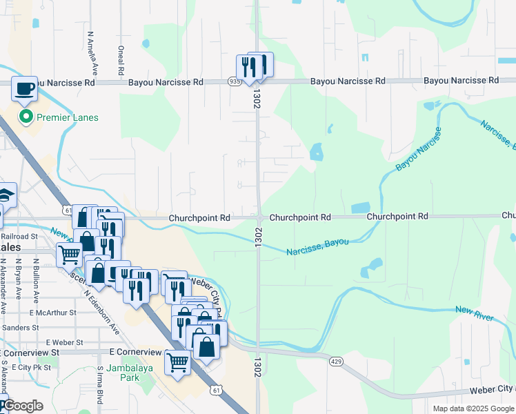 map of restaurants, bars, coffee shops, grocery stores, and more near 41468 Churchpoint Road in Gonzales