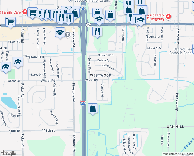 map of restaurants, bars, coffee shops, grocery stores, and more near 6021 George Wood Lane East in Jacksonville