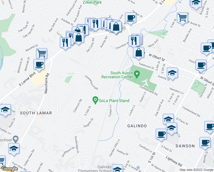 map of restaurants, bars, coffee shops, grocery stores, and more near 1404A Cinnamon Path in Austin