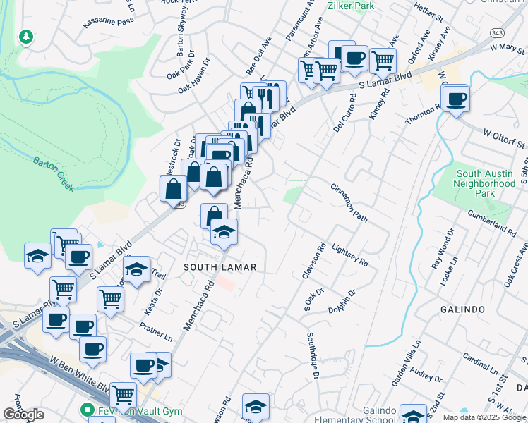 map of restaurants, bars, coffee shops, grocery stores, and more near 3107 Glen Ora Street in Austin