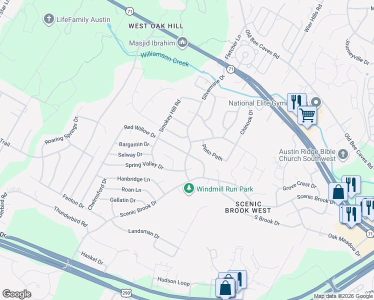 map of restaurants, bars, coffee shops, grocery stores, and more near 8111 Red Willow Drive in Austin