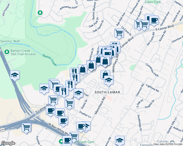 map of restaurants, bars, coffee shops, grocery stores, and more near 3403 South Lamar Boulevard in Austin