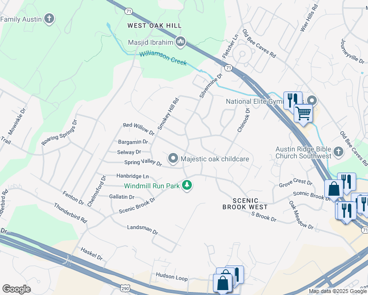 map of restaurants, bars, coffee shops, grocery stores, and more near 8200 Red Willow Drive in Austin