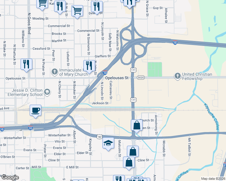 map of restaurants, bars, coffee shops, grocery stores, and more near 200 Calcasieu St in Lake Charles