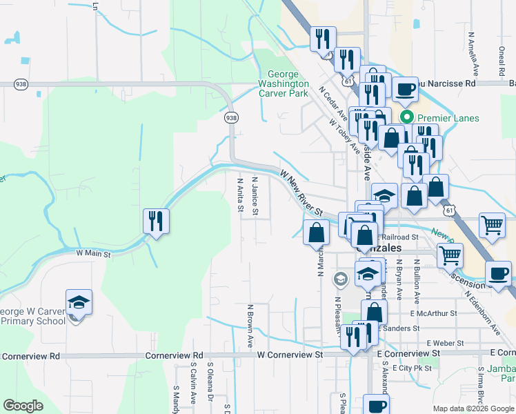 map of restaurants, bars, coffee shops, grocery stores, and more near 707 West Paul Street in Gonzales