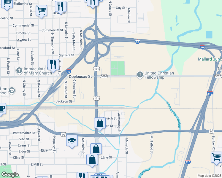 map of restaurants, bars, coffee shops, grocery stores, and more near 353 N Grace St in Lake Charles