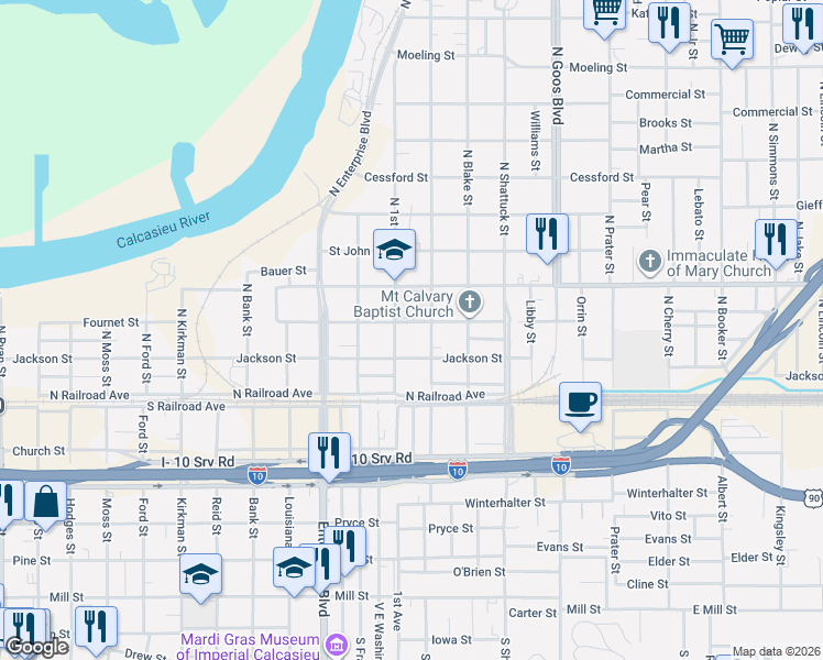 map of restaurants, bars, coffee shops, grocery stores, and more near 210 N 1st Ave in Lake Charles