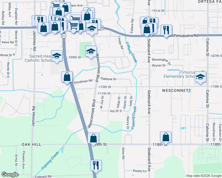 map of restaurants, bars, coffee shops, grocery stores, and more near 5928 111th Street in Jacksonville
