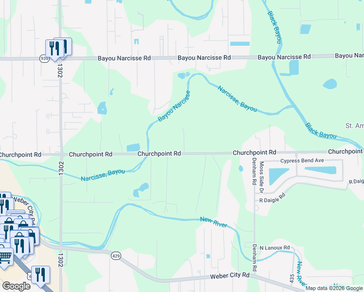 map of restaurants, bars, coffee shops, grocery stores, and more near 42326 Churchpoint Road in Gonzales