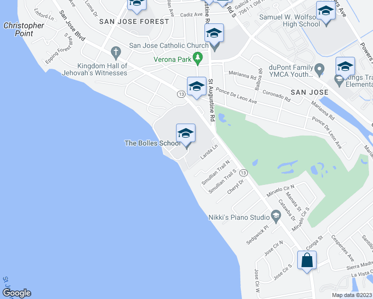 map of restaurants, bars, coffee shops, grocery stores, and more near 7400 San Jose Boulevard in Jacksonville