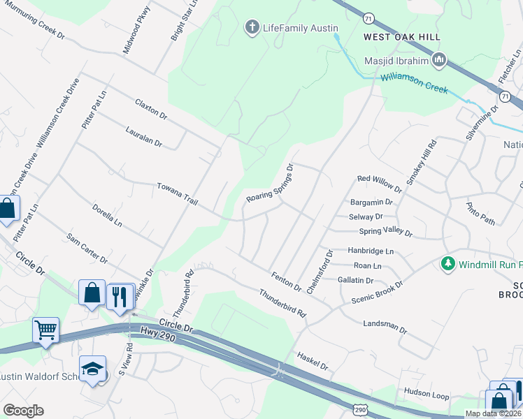 map of restaurants, bars, coffee shops, grocery stores, and more near 8800 Towana Trail in Austin