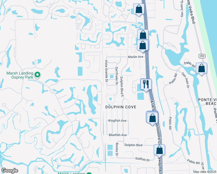 map of restaurants, bars, coffee shops, grocery stores, and more near 198 Cabrillo Lane in Ponte Vedra Beach