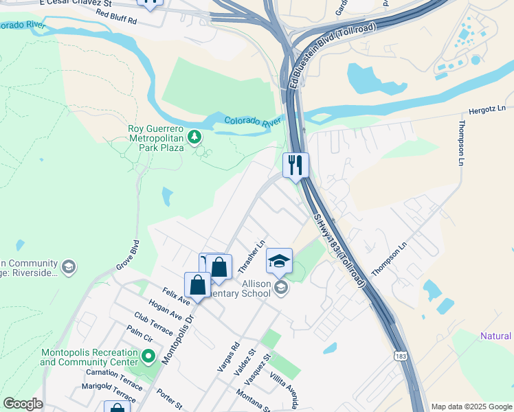 map of restaurants, bars, coffee shops, grocery stores, and more near 405 Montopolis Drive in Austin