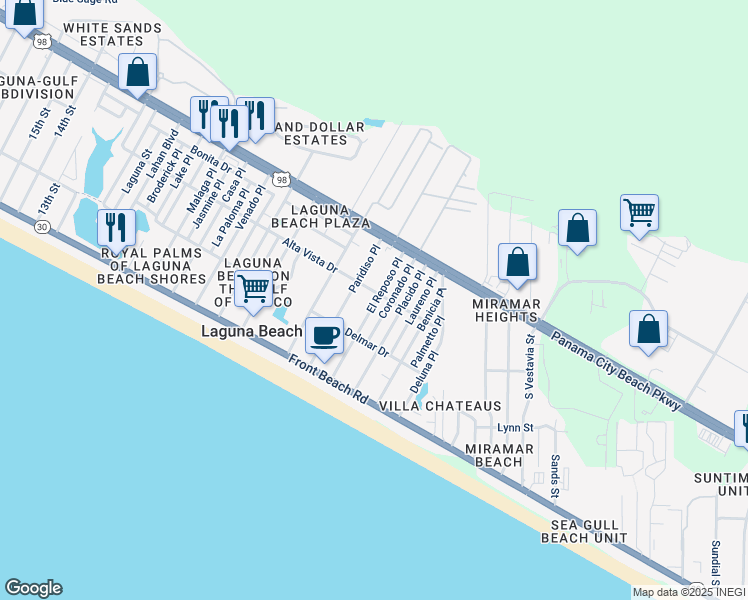 map of restaurants, bars, coffee shops, grocery stores, and more near 223A El Reposo Place in Panama City Beach